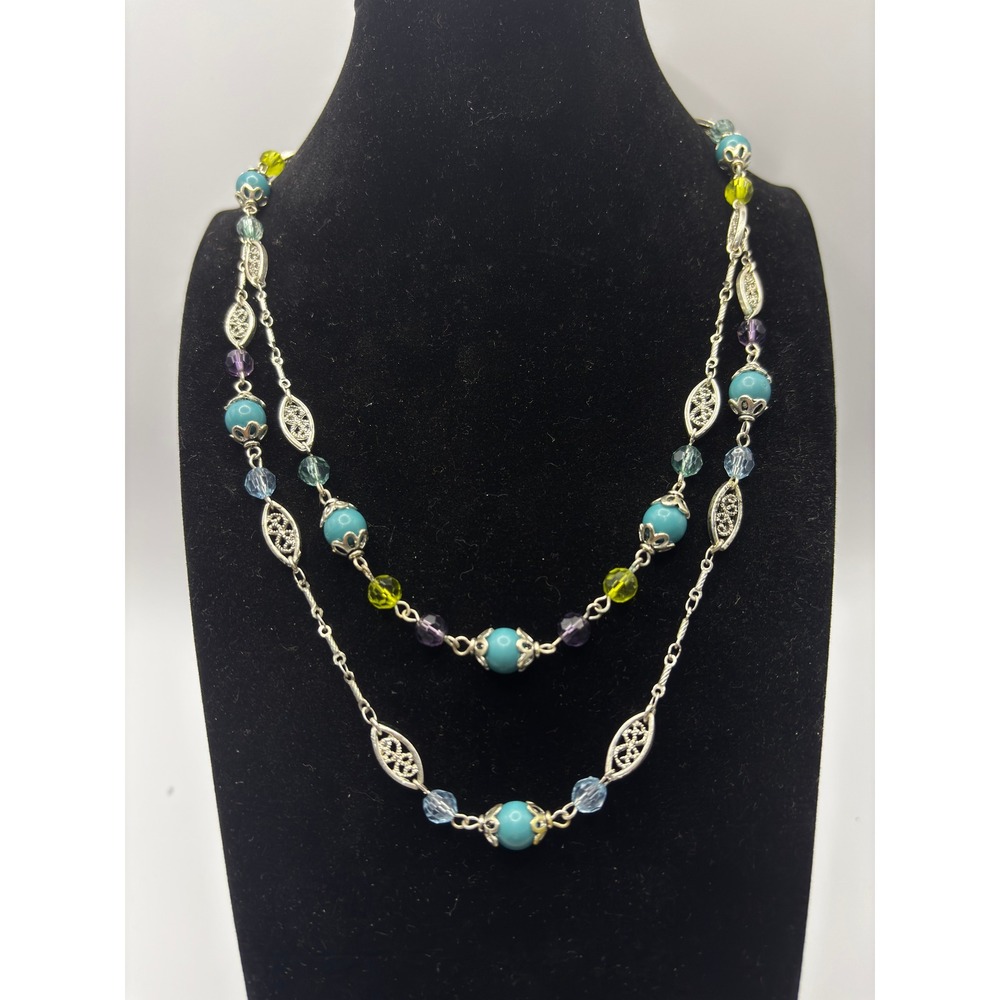 Unbranded Double Strand Necklace Womens 16in Silver Turquoise Beaded‎ Filigree